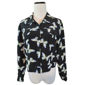 Maggy L Womens 12P Silk Butterfly Print Button Front Cropped Shirt Jacket